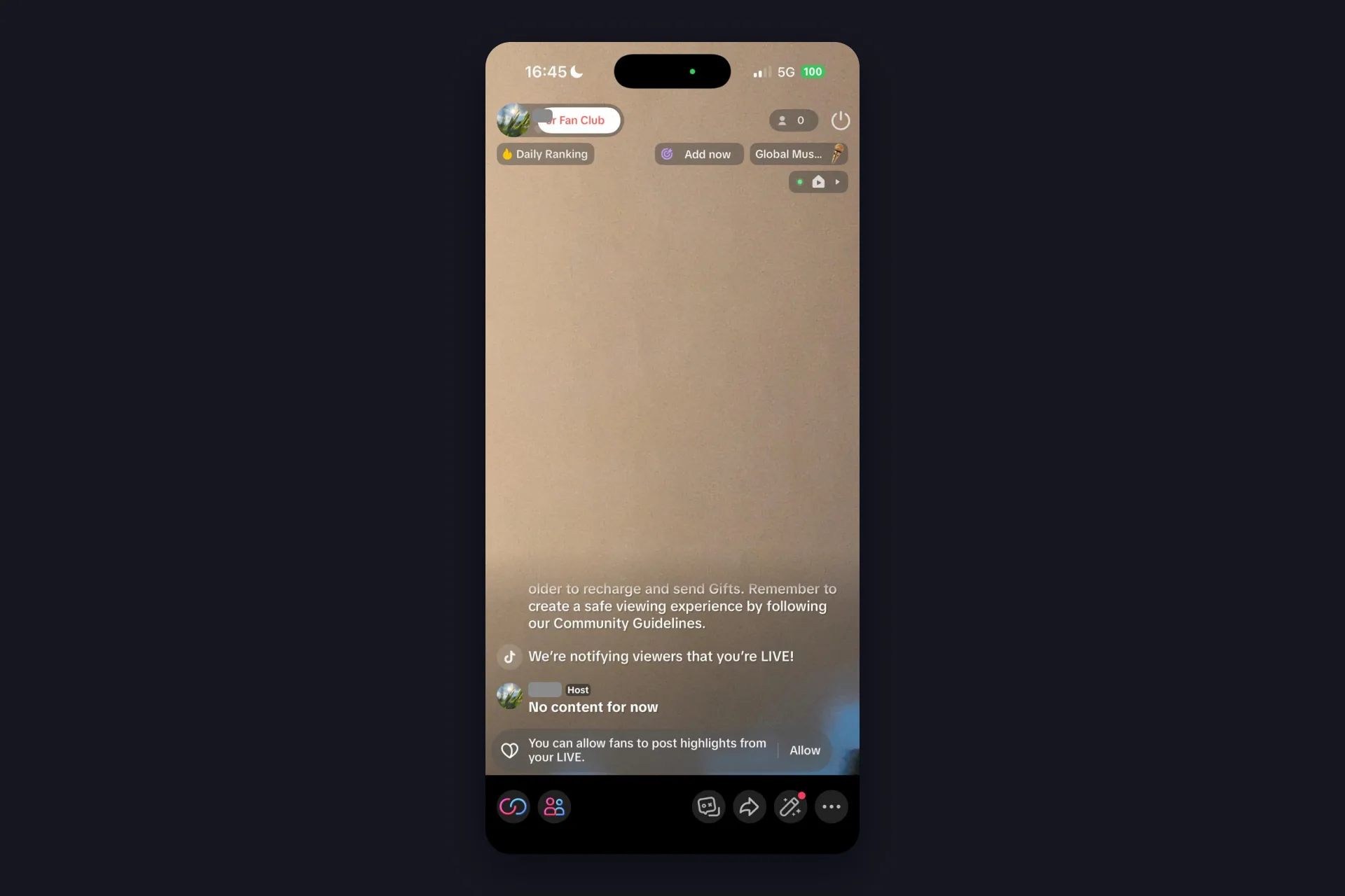 Screenshot - TikTok iOS app - host view of a running LIVE with the viewer count, Daily Ranking, the Add now goal button and the "We're notifying viewers that you're LIVE" line in chat