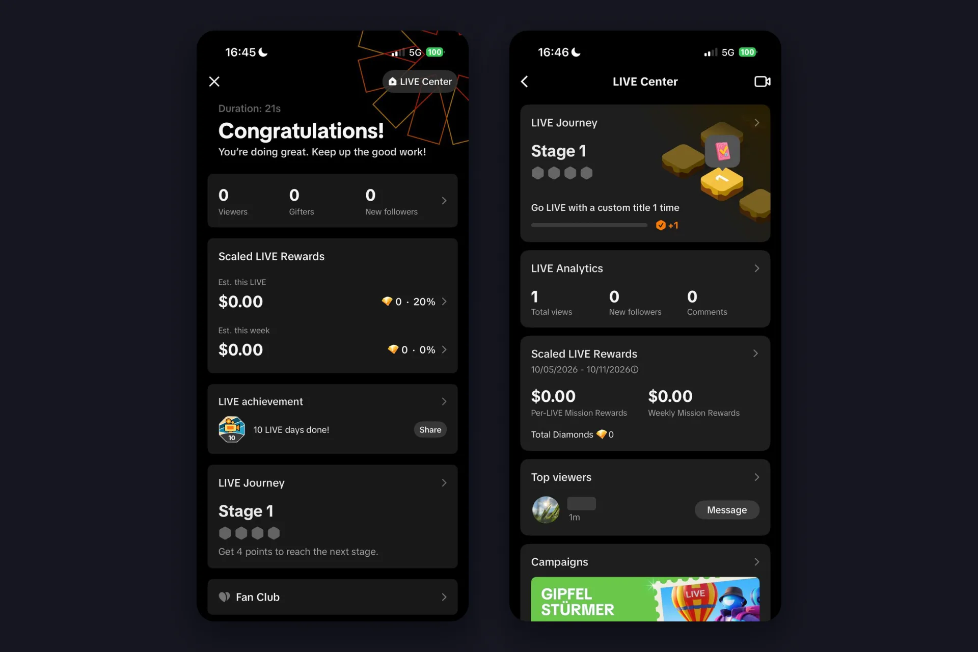 Screenshot - TikTok iOS app - LIVE summary after ending the stream with duration, viewers, gifters, Scaled LIVE Rewards and LIVE Journey
